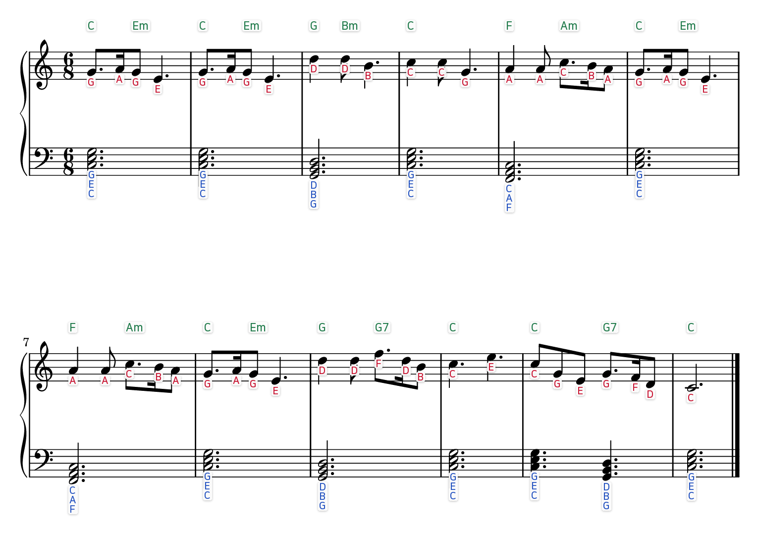 Silent Night easy piano sheet music with the letter name written under every note and chord symbols above each bar