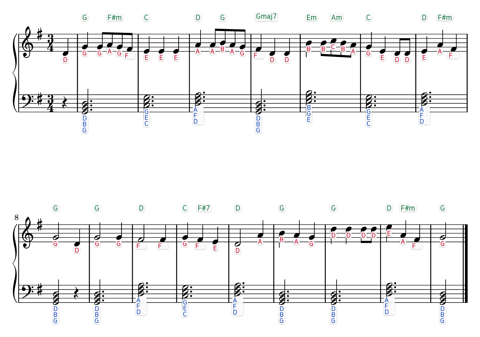 We Wish You a Merry Christmas easy piano sheet music with the letter name written under every note and chord symbols above each bar